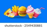 Vector illustration of realistic set of fast food icon. Burger, piece of pizza, ice cream, drink cup and french fries. 3d style design of fast food collection with pizza, ice cream, hamburger, fries