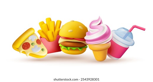 Ilustração vetorial do conjunto realista do ícone do fast food. Burger, sorvete, batatas fritas, pizza e copo de bebida. Design de estilo 3d da coleção de fast food com pizza, sorvete, hambúrguer, batatas fritas e xícara