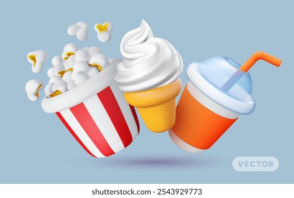 Vector illustration of realistic set of fast food icon. Bucket of pop corn, ice cream and cola drink cup. 3d style cinema design of fast food collection with flying popcorn, ice cream, soda beverage