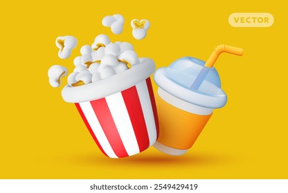 Vector illustration of realistic set of fast food icon. Bucket of pop corn and cola drink cup on yellow background. 3d cartoon style design of fast food set with popcorn bucket and soda beverage