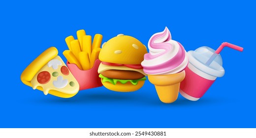 Vector illustration of realistic set of fast food icon. Burger, piece of pizza, ice cream, drink cup and french fries. 3d style design of fast food collection with pizza, ice cream, hamburger, fries