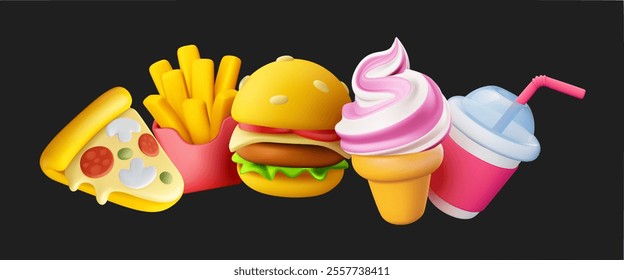 Vector illustration of realistic set of fast food icon. Burger, ice cream, french fries, pizza and cola. 3d cartoon style fast food design of pizza, ice cream, fries, hamburger and soda for web banner