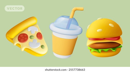 Vector illustration of realistic set of fast food icon. Burger, piece of cheese pizza and drink cola. 3d cartoon style design of fast food set with pizza, hamburger and soda cup on light background