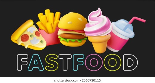 Vector illustration of realistic set of fast food icon with neon color word. Burger, ice cream, french fries, pizza and cola soda. 3d cartoon style design of fast food collection for menu, banner