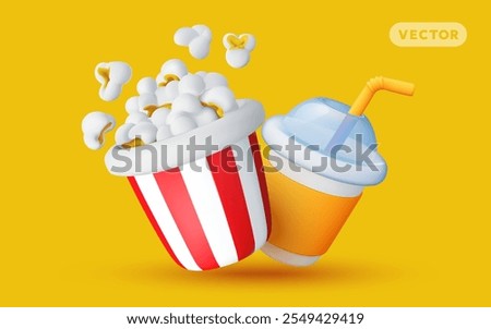Vector illustration of realistic set of fast food icon. Bucket of pop corn and cola drink cup on yellow background. 3d cartoon style design of fast food set with popcorn bucket and soda beverage