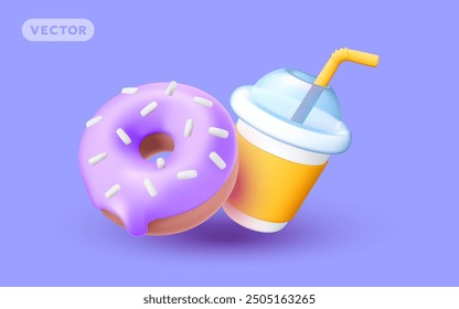 Vector illustration of realistic set of glazed donut with sprinkles and drink cup on color background. 3d style design of donut and take away coffee cup with shadow. Sweet food for web, site, banner