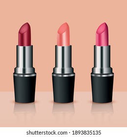 Vector illustration. Realistic set of lipsticks on a beige background. Fashionable cosmetics, make up. Concept beauty. Use for advertising flyer, banner, leaflet template.