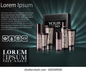 Vector illustration of Realistic set of men cosmetic with package box