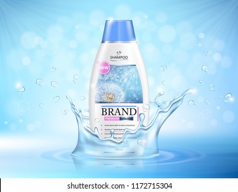 Vector illustration of a realistic shampoo bottle on a blue background with water splash