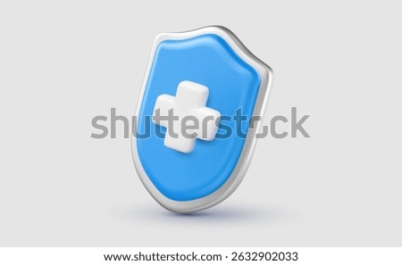Vector illustration of realistic shield with cross on light background. 3d cartoon style design of medical shield icon. Business safety insurance symbol for hospital banner, web, poster