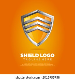 Ilustración vectorial de un logotipo de escudo realista en una mezcla de colores plateado y naranja. Adecuado para el diseño de elementos de garantía de seguridad, garantía de durabilidad y máxima etiqueta de protección. 