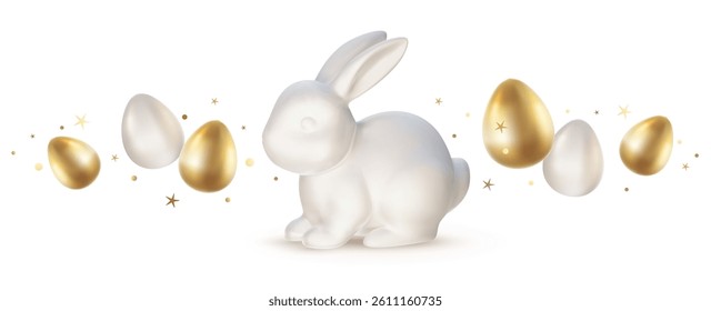 Vector illustration of realistic shine ceramic bunny and golden egg on white background. 3d cartoon style design with white rabbit and golden egg for holiday easter hunt banner, greeting card, flyer