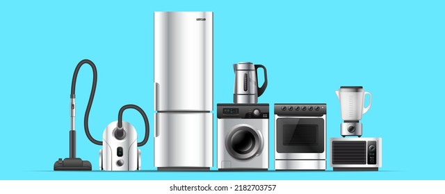 Vector illustration of realistic silver color different appliance on blue background. 3d style shine appliance collection design for web, site, banner, print, poster