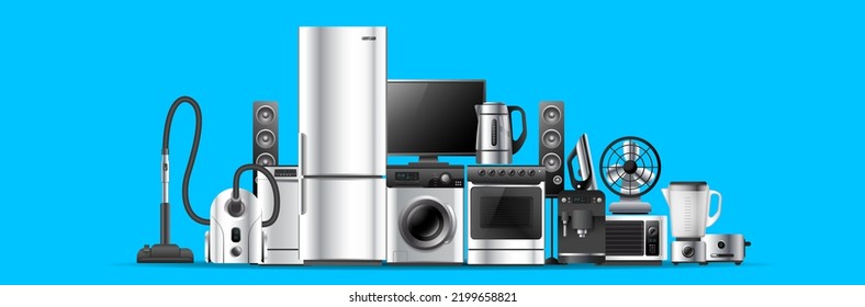 Vector illustration of realistic silver color different appliance on blue background. 3d style shine appliance collection design for web, site, banner, print, poster