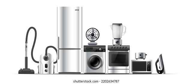 Vector illustration of realistic silver color different appliance on white background. 3d style shine appliance collection design with vacuum cleaner and refrigerator for web, site, banner, poster