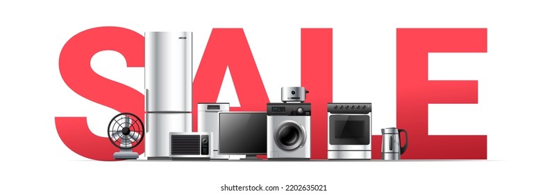 Vector illustration of realistic silver color different appliance on white background with word sale. 3d style shine appliance collection design for web, site, banner, print, poster