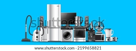 Vector illustration of realistic silver color different appliance on blue background. 3d style shine appliance collection design for web, site, banner, print, poster