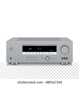 Vector illustration of realistic silver stereo amplifier isolated on white.