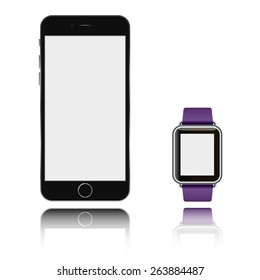 Vector illustration of realistic smart watch and telephone isolated on white background with reflection. Mock-up.