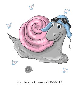 Vector illustration of realistic snail on the grass.