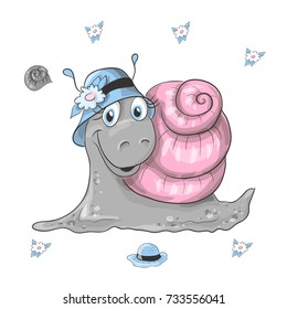 Vector illustration of realistic snail on the grass.