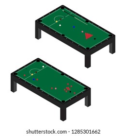 Vector illustration realistic snooker pool table with set of billiard balls and cue. Billiard table with green cloth isometric 3d perspective
