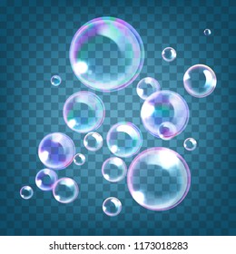 Vector illustration of realistic soap bubbles with rainbow reflection isolated on blue transparent background