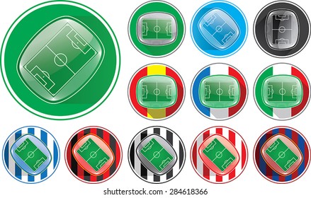 Vector illustration of realistic soccer stadium button, different variables, clubs, nations