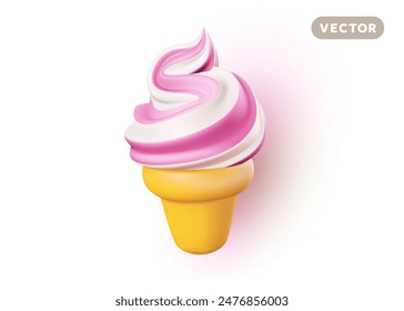 Ilustración vectorial de helado de remolino suave realista en cono de gofre sobre fondo de color blanco. Diseño de dibujos animados de estilo 3d de helado en taza con sombra. Comida dulce para Web, sitio, Anuncio, menú