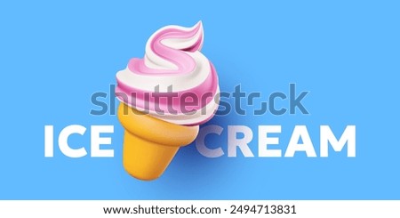 Vector illustration of realistic soft serve swirl ice cream in waffle cone on blue color background. 3d style cartoon design of template with ice cream in cup with text and shadow. Sweet food for web