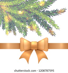 Vector illustration of realistic sparkled green and blue fir tree branch and golden silk ribbon with bow isolated on white background. Beautiful design for Christmas and New Year postcard.