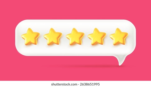 Vector illustration of realistic speech bubble with golden 5 star. 3d cartoon style design of text speech bubble with five star rate. Social media symbol of communication icon with review comment