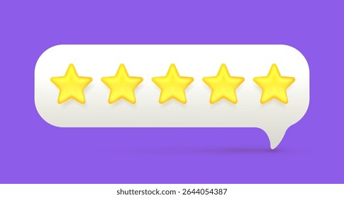 Vector illustration of realistic speech bubble with golden 5 star. 3d cartoon style design of text speech bubble with five star rate. Social media symbol of communication icon with review comment