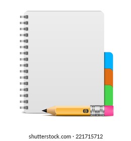 Vector illustration of realistic spiral notebook and detailed pencil