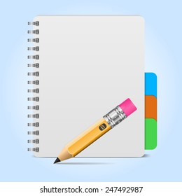 Vector illustration of realistic spiral notebook and detailed pencil