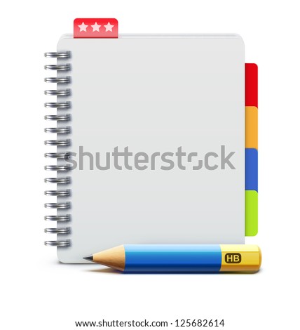 Vector illustration of realistic spiral notebook and detailed pencil