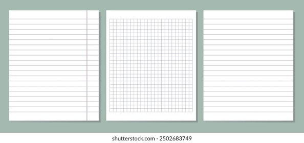 Vector illustration of realistic square, lined paper blank sheets set isolated on background. Art design lines, grid page notebook with margin. 