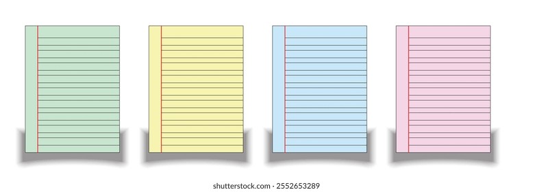 Vector illustration of realistic square, lined paper blank sheets set isolated on background. Art design lines, grid page notebook with margin.