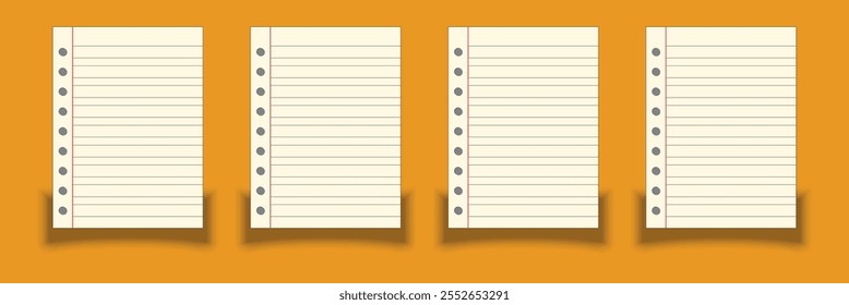 Vector illustration of realistic square, lined paper blank sheets set isolated on background. Art design lines, grid page notebook with margin.