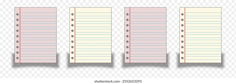 Vector illustration of realistic square, lined paper blank sheets set isolated on background. Art design lines, grid page notebook with margin.