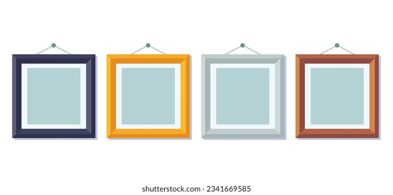 Vector illustration of realistic square picture frames in different colors on wall. Picture frames in black, yellow, white and wood colors.