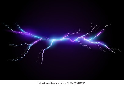 Vector illustration of a realistic style of bright glowing lightning isolated on a dark background, natural light effect. Magic white thunderstorm lightning, print, pattern, design element