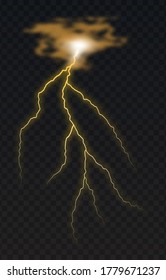 Vector illustration of a realistic style of bright glowing lightning isolated on a dark background, natural light effect. Magic white thunderstorm lightning element