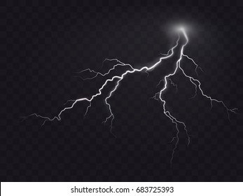 Vector illustration of a realistic style of bright glowing lightning isolated on a dark translucent background, natural light effect. Magic white thunderstorm lightning, print, pattern, design element