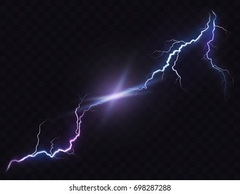 Vector illustration of a realistic style of bright glowing lightning isolated on a dark translucent background, natural light effect. Magic white thunderstorm lightning, print, pattern, design element