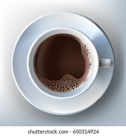Vector illustration of a realistic style of coffee cup with a saucer top view, isolated on white. Print, template, design element