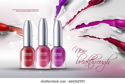 Vector illustration of a realistic style collection of colored nail polish on a scratched paper background. Excellent advertising posters for promoting of premium product, new breakthrough