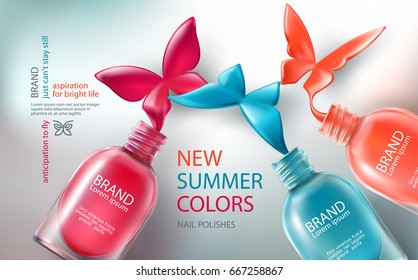 Ilustración vectorial en una colección realista de botellas abiertas de color con esmalte de uñas derramadas en forma de mariposas. Afiches publicitarios para promocionar la venta de uñas de primera calidad
