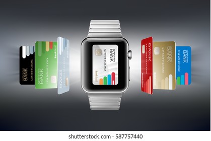 Vector illustration in a realistic style the concept of e-payments using the application on your wrist watch.