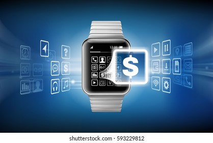 Vector illustration in a realistic style the concept of e-payments using the application on your wrist watch.